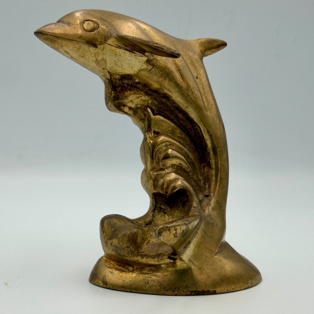 Vintage Solid Brass Dolphin Figurine Hand Made in India Nautical Decor 4 Inch